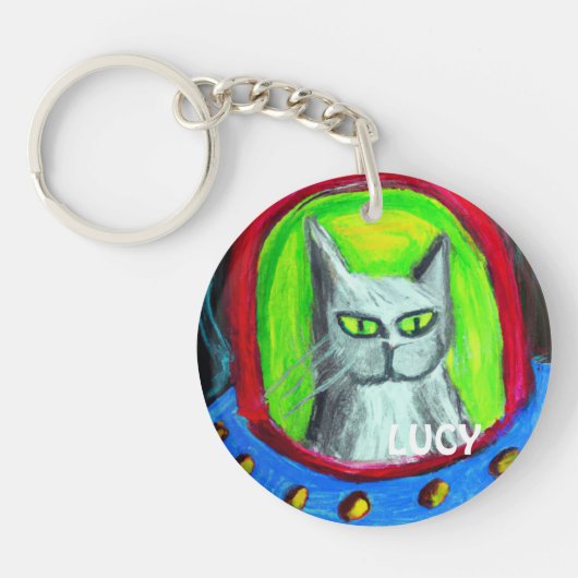 オーダーメイドの面白いUFOに乗った猫のキャラクター キーホルダー (正面)