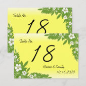オーダーメイドの黄色のハイビスカス ウェディング テーブル カード (正面/裏面)