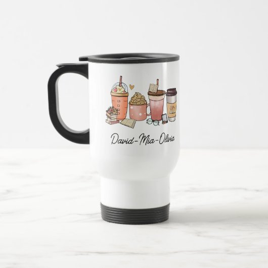 オーダーメイドの「本とコーヒーの日」マグカップ – 名前入り トラベルマグ (左)