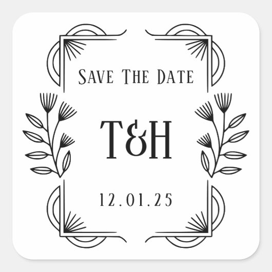 オーダーメイドの chic アートデコ ボタニカル フレーム Save The Date スクエアシール (正面)