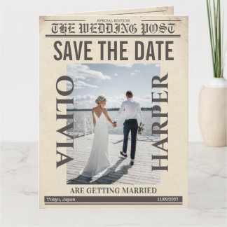 オーダーメイドの“Save the Date”ビンテージ新聞風ウェディング カード