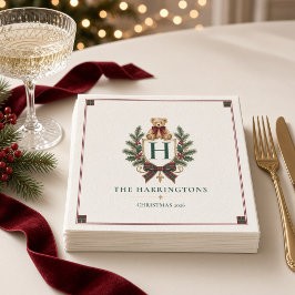 オーダーメイドタータンチェックのテディベア クラストクリスマス スタンダードカクテルナプキン