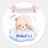 オーダーメイドテディベア1歳の誕生日ステッカー ラウンドシール (正面)