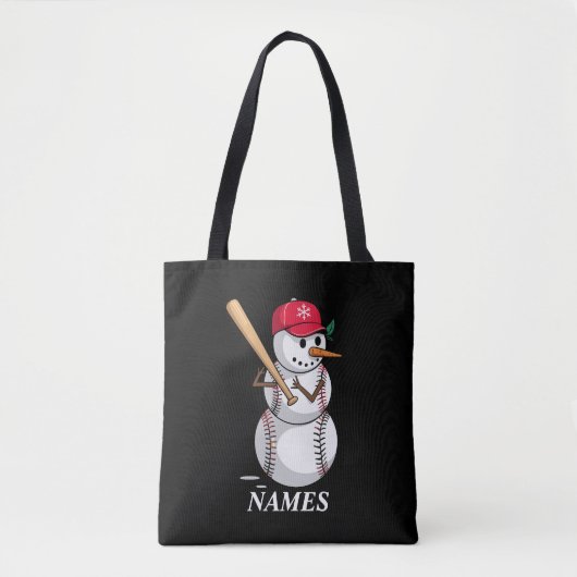 オーダーメイドネーム入り野球雪だるま雪のクリスマスボール トートバッグ (正面)