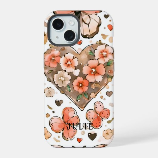 オーダーメイドバタフライ・ハート・フラワーデザイン iPhone 15ケース (裏面)