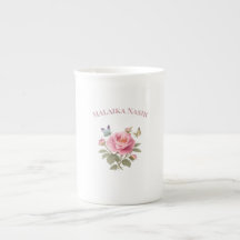 オーダーメイドフラワーの名入れマグ|エレガントなピンクのボタン