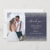 オーダーメイド写真入りダークブルーシルバーグリッター結婚式 サンキューカード (正面)