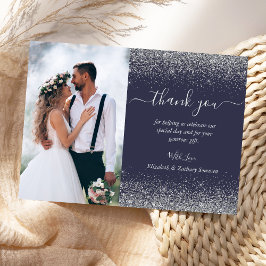 オーダーメイド写真入りダークブルーシルバーグリッター結婚式 サンキューカード