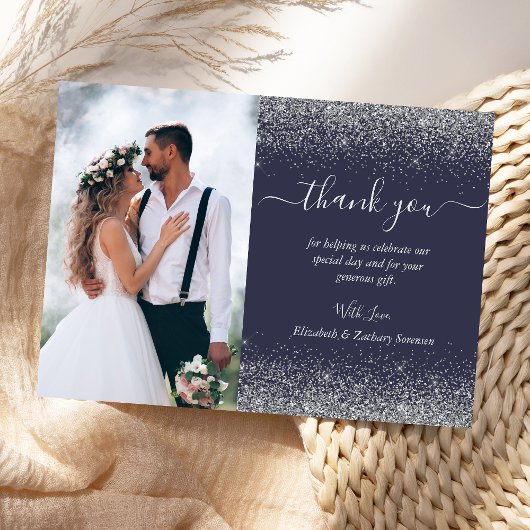 オーダーメイド写真入りダークブルーシルバーグリッター結婚式 サンキューカード