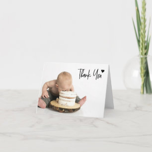 オーダーメイド写真 モダンな手書きフォントの1歳の誕生日 サンキューカード