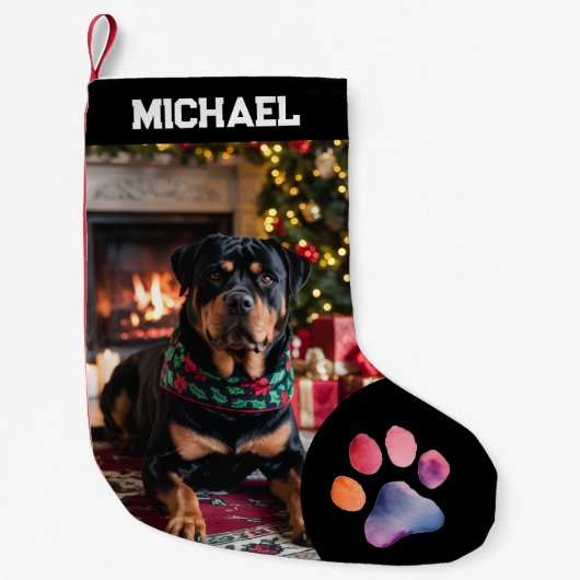 オーダーメイド写真 犬 名前入り 名入れ カスタム テキスト スモールクリスマスストッキング (正面)