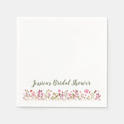 オーダーメイド名入り エレガント ピンク ワイルドフラワーズ ブライダルシャワー スタンダードカクテルナプキン (正面)