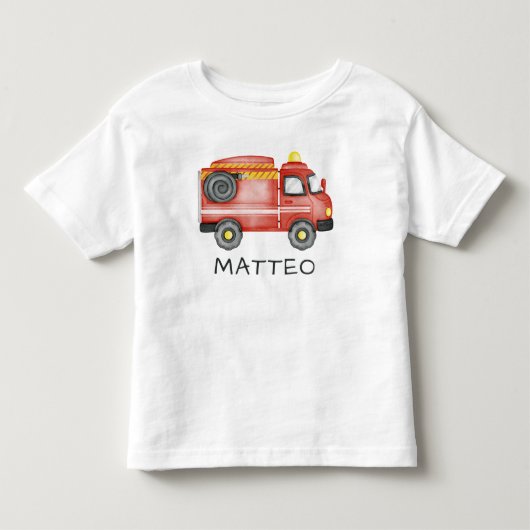 オーダーメイド消防車、かわいい名前入り消防士 トドラーTシャツ (正面)