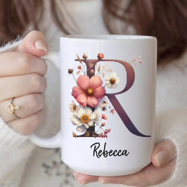 オーダーメイド誕生花マグカップ、ワイルドフラワーモノグラムマグカップ コーヒーマグカップ
