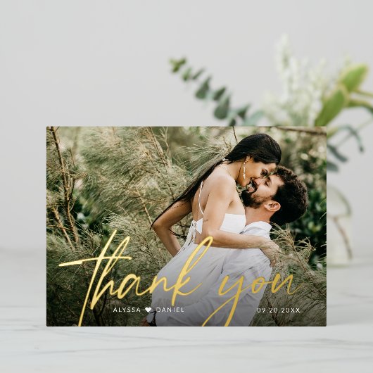 オーダーメイド2 ウェディングフォト ありがとう スクリプト ゴールド 箔招待状 (立ち正面)