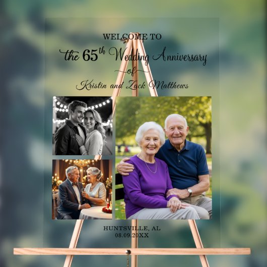 オーダーメイド3枚の写真付き結婚65周年記念ウェルカム アクリルサイン (ニュートラル)
