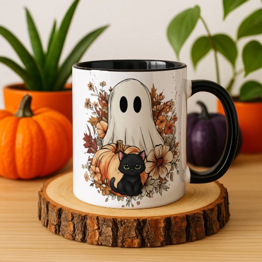 オーダーメイド かわいいお化けと黒猫の秋モチーフ マグカップ