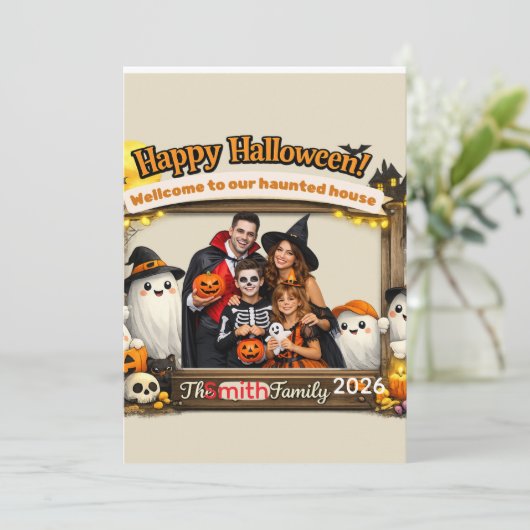 オーダーメイド かわいいお化け家族 ハロウィン 写真立て 招待状 (スタンド正面)