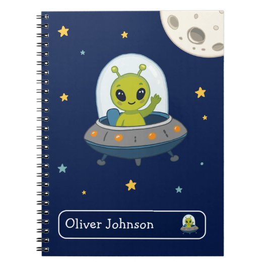 オーダーメイド かわいいエイリアン スペース 月 名前 学校 ノートブック (正面)