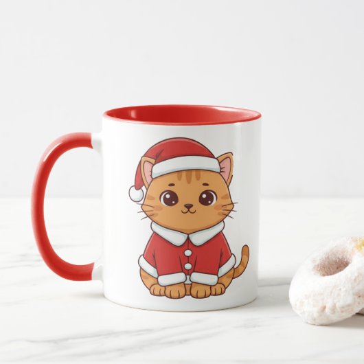 オーダーメイド かわいいサンタ猫 クリスマス マグカップ (ドーナツ)
