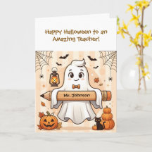 オーダーメイド かわいいハロウィンの幽霊の先生グリーティングカード