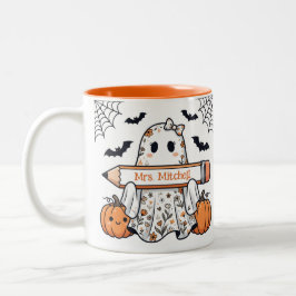 オーダーメイド かわいいハロウィンの幽霊の先生マグカップ ツートーンマグカップ