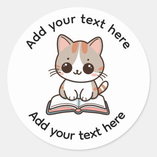 オーダーメイド かわいい三毛猫の本読み カスタム ラウンドシール (正面)