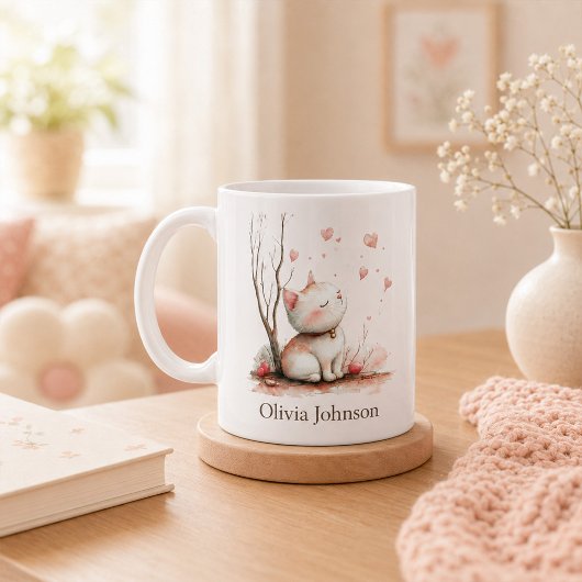 オーダーメイド かわいい子猫とハート コーヒーマグカップ
