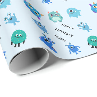 オーダーメイド かわいい青い男の子モンスター 誕生日 ラッピングペーパー