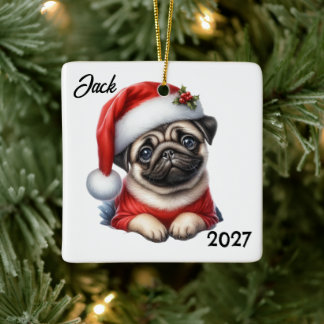 オーダーメイド かわいい クリスマス サンタ パグ セラミックオーナメント