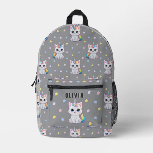 オーダーメイド かわいい ネコとユニコーン 名前プリント リュックサック (正面)