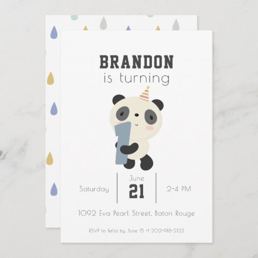 オーダーメイド かわいい パンダ 1歳の誕生日 招待状 (正面/裏面)