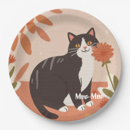 オーダーメイド かわいい 幸せな猫と春の花 ペーパープレート