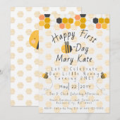オーダーメイド はちみつ ミツバチ と 花 初めての 誕生日 招待状 (正面/裏面)