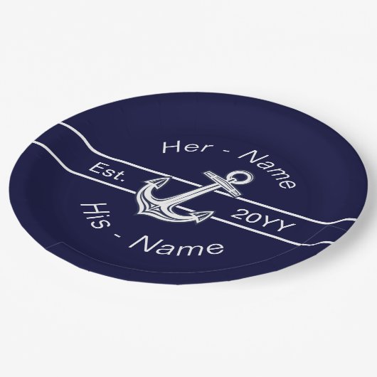 オーダーメイド ウェディング マリン アンカー ネイビーブルー ペーパープレート (アングル)