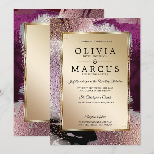 オーダーメイド | エレガント ゴールド カシス プラム ブラシ ストロークス 招待状 (正面/裏面)