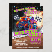 オーダーメイド オレンジ & ブルー モンスター トラック バースデー 招待状 (正面/裏面)
