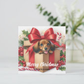 オーダーメイド ギフト包装された子犬のクリスマスカード (スタンド正面)