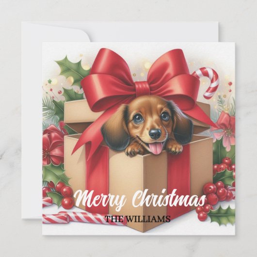 オーダーメイド ギフト包装された子犬のクリスマスカード (正面)