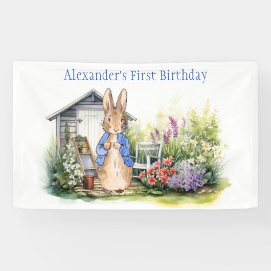 オーダーメイド クラシックうさぎ1歳の誕生日パーティーサイン 横断幕 (横)