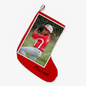 オーダーメイド クリスマス用 赤い靴下 少年 写真入り スモールクリスマスストッキング (正面 (吊り時))