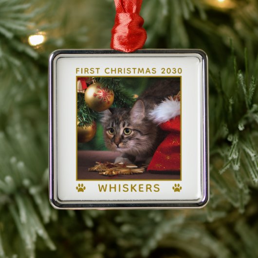 オーダーメイド クリスマス 猫 写真 名前 年 足跡 メタルオーナメント (ツリー)