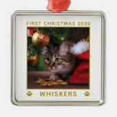 オーダーメイド クリスマス 猫 写真 名前 年 足跡 メタルオーナメント (正面)