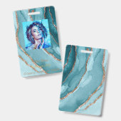 オーダーメイド ゴールド ティール ブルー マーブル ネームタグ バッジ (表裏)