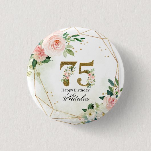 オーダーメイド ゴールド+フラワー 75歳の誕生日祝い 缶バッジ (正面)