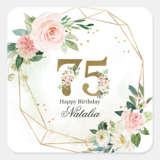 オーダーメイド ゴールド+フラワー 75歳の誕生日 スクエアシール (正面)