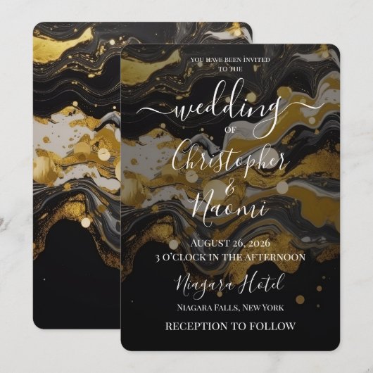 オーダーメイド ゴールド ブラック 大理石 ペイント 結婚式 招待状 (正面/裏面)