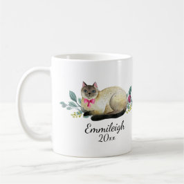 オーダーメイド シャム猫 紫の花 白 コーヒーマグカップ