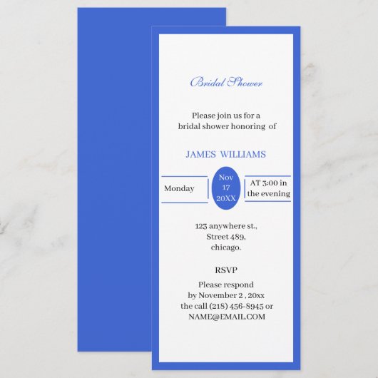 オーダーメイド シンプル ブルー ブライダルシャワー 招待状 (正面/裏面)