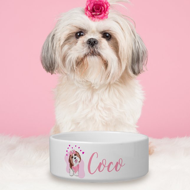 オーダーメイド シーツゥー 名前入り ハート柄 犬 ボウル (Your dog will love the special treatment with a illustration to go with the name!)
